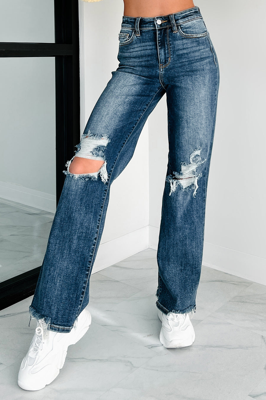 Hagan Judy Blue High Waist 90's Distress Straight Leg Jeans (Dark) - NanaMacs