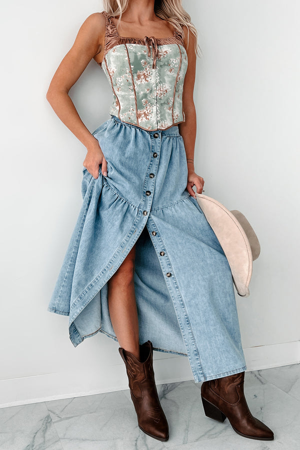 Jolene Button Up Denim Midi Skirt (Denim) - NanaMacs