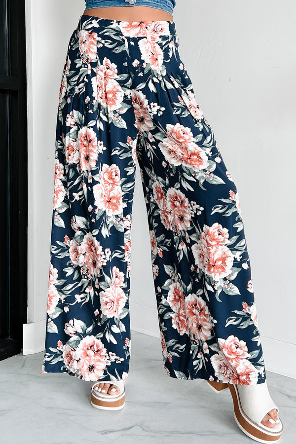 Dropping The Games Floral Wide Leg Pants (Navy) - NanaMacs