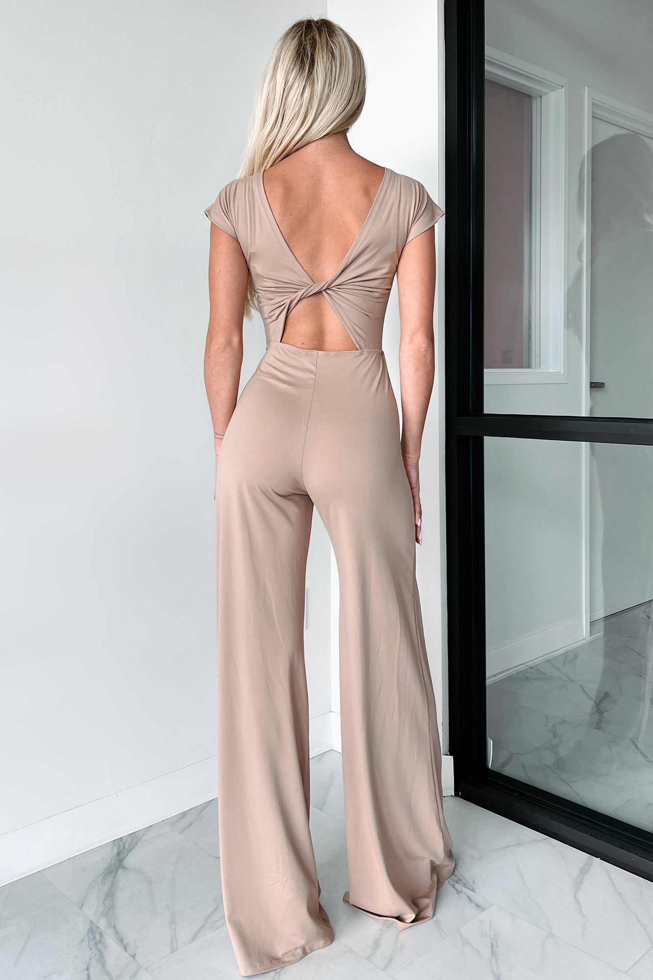 Staying Out Later Twist-Back Jumpsuit (Tan) - NanaMacs