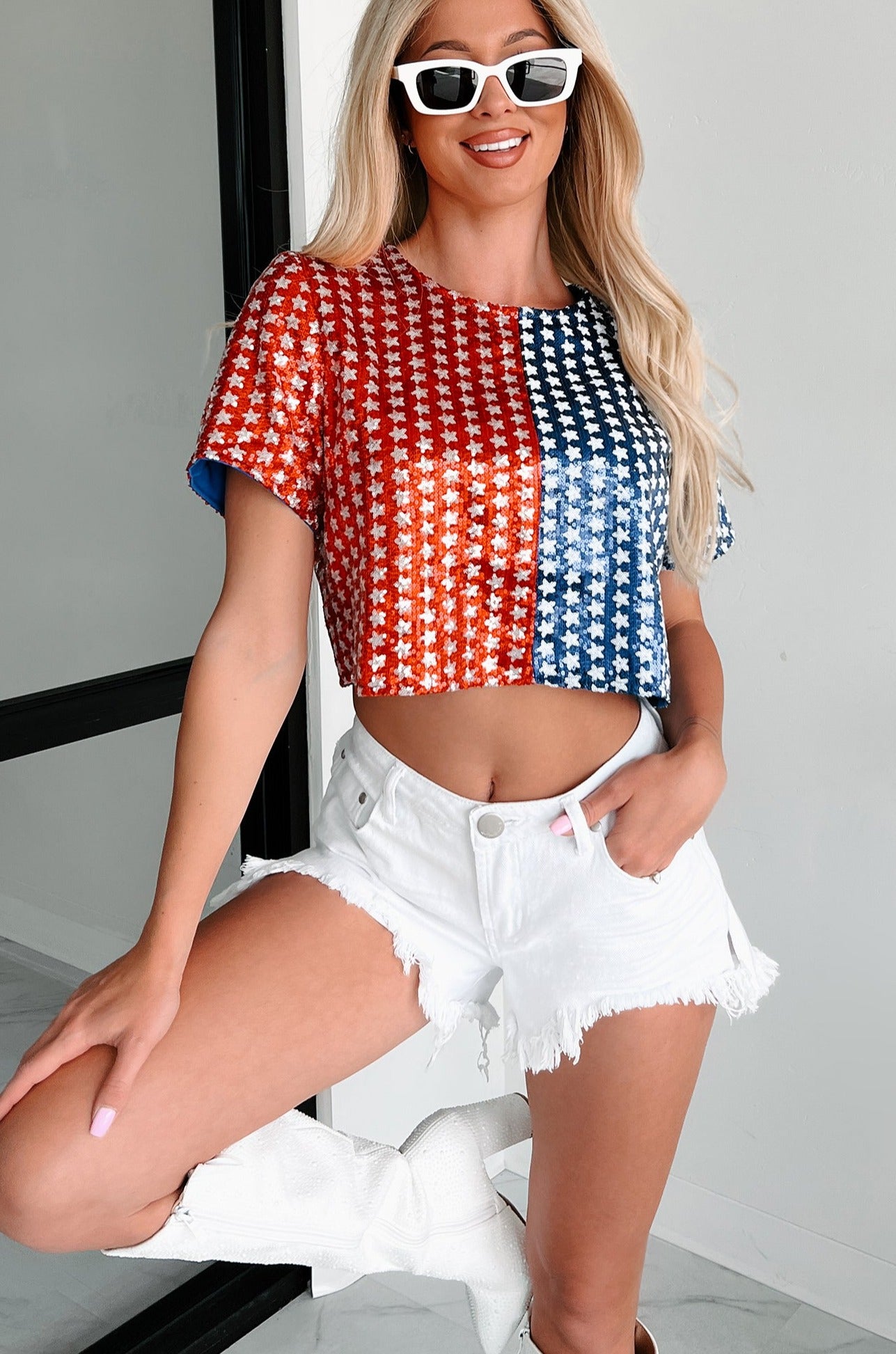 Exploding With Excitement Sequin Crop Top (Red/Blue) - NanaMacs