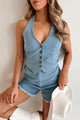 Born And Raised Denim Halter Vest Romper (Denim) - NanaMacs