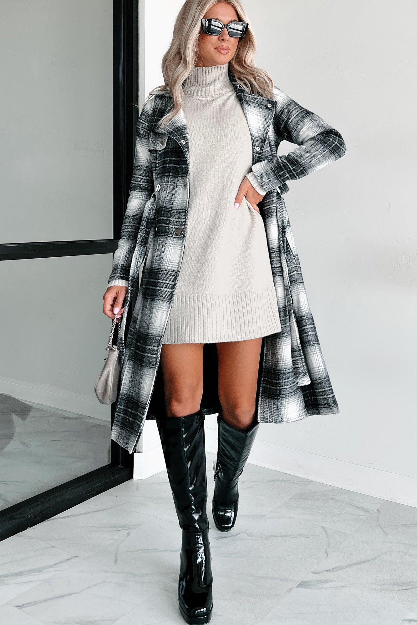 Mystery Woman Double-Breasted Plaid Long Coat (Charcoal) - NanaMacs