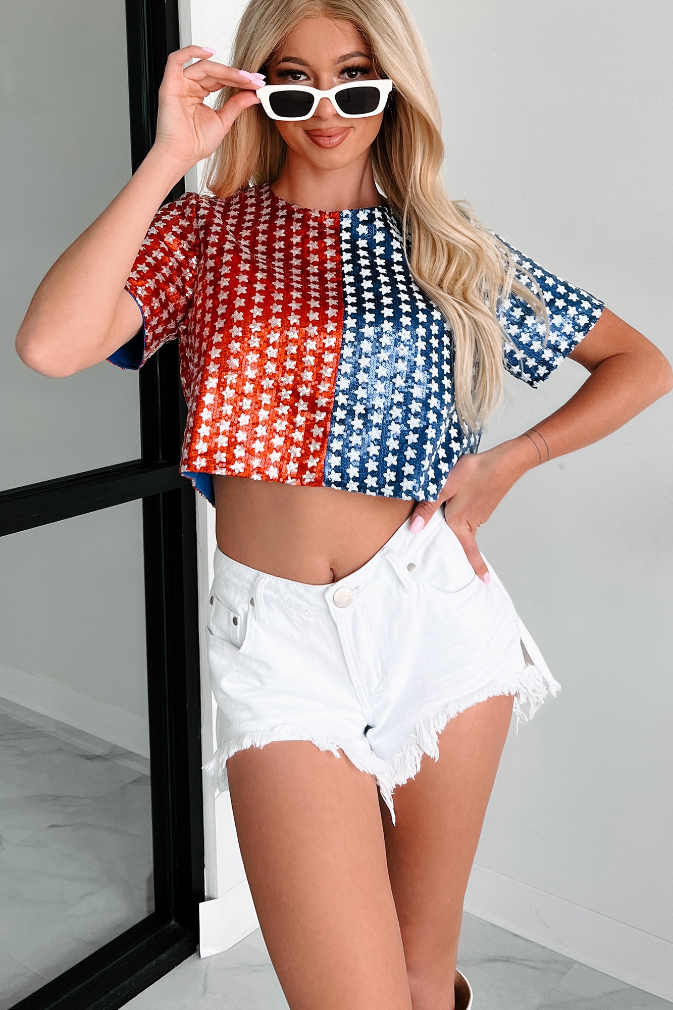 Exploding With Excitement Sequin Crop Top (Red/Blue) - NanaMacs