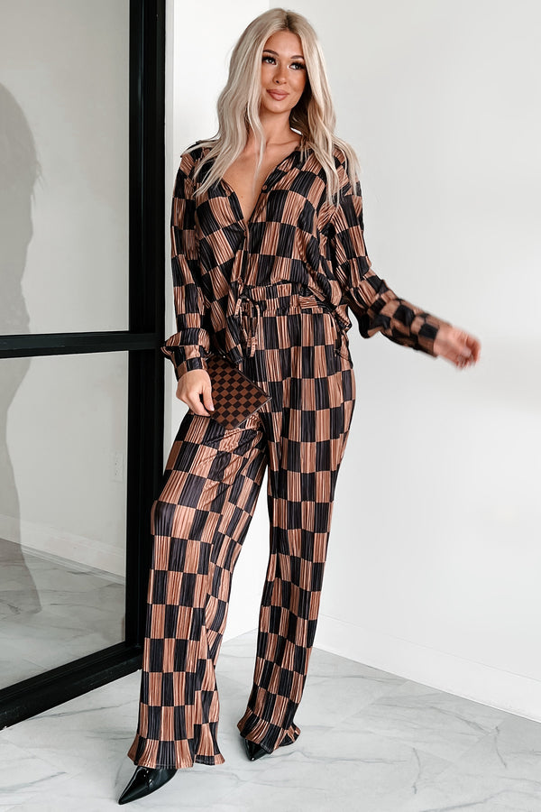 Personality On Point Checker Plisse Two-Piece Set (Taupe/Black) - NanaMacs