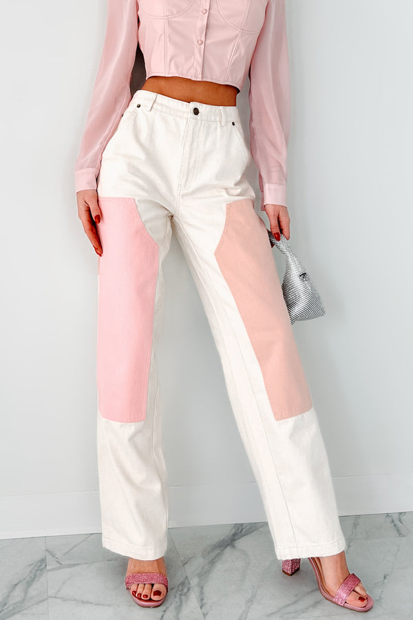 Sabra Straight Leg Colorblock Jeans (Ivory/Pink) - NanaMacs