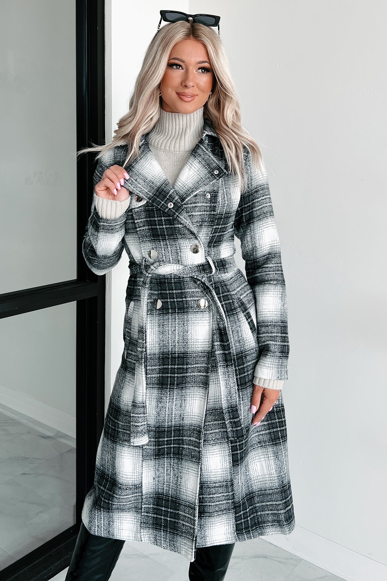 Mystery Woman Double-Breasted Plaid Long Coat (Charcoal) - NanaMacs