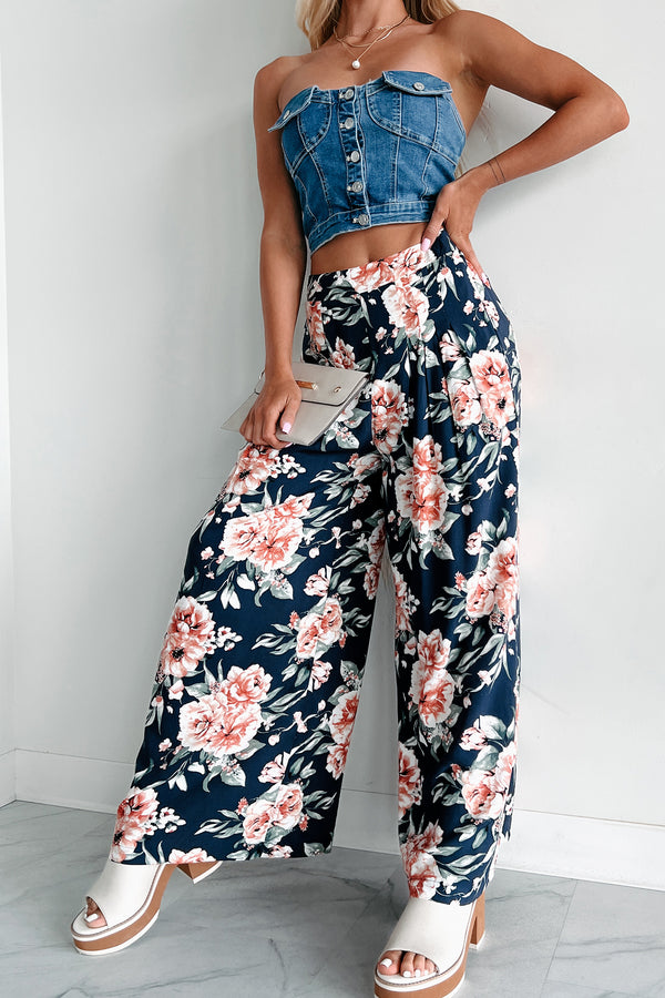 Dropping The Games Floral Wide Leg Pants (Navy) - NanaMacs