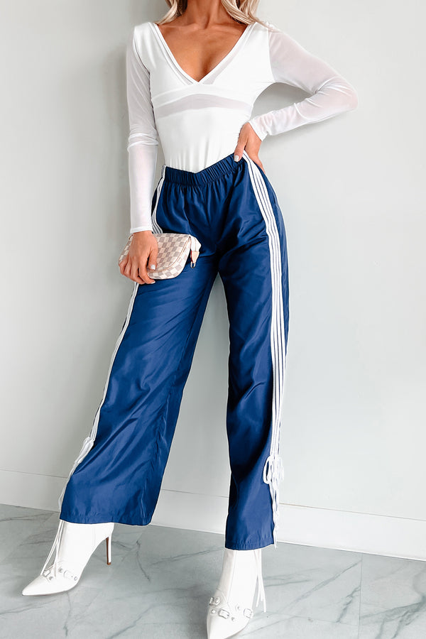 Colby Side Stripe Ribbon Tie Track Pants (Vintage Navy) - NanaMacs