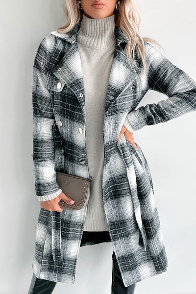 Mystery Woman Double-Breasted Plaid Long Coat (Charcoal) - NanaMacs