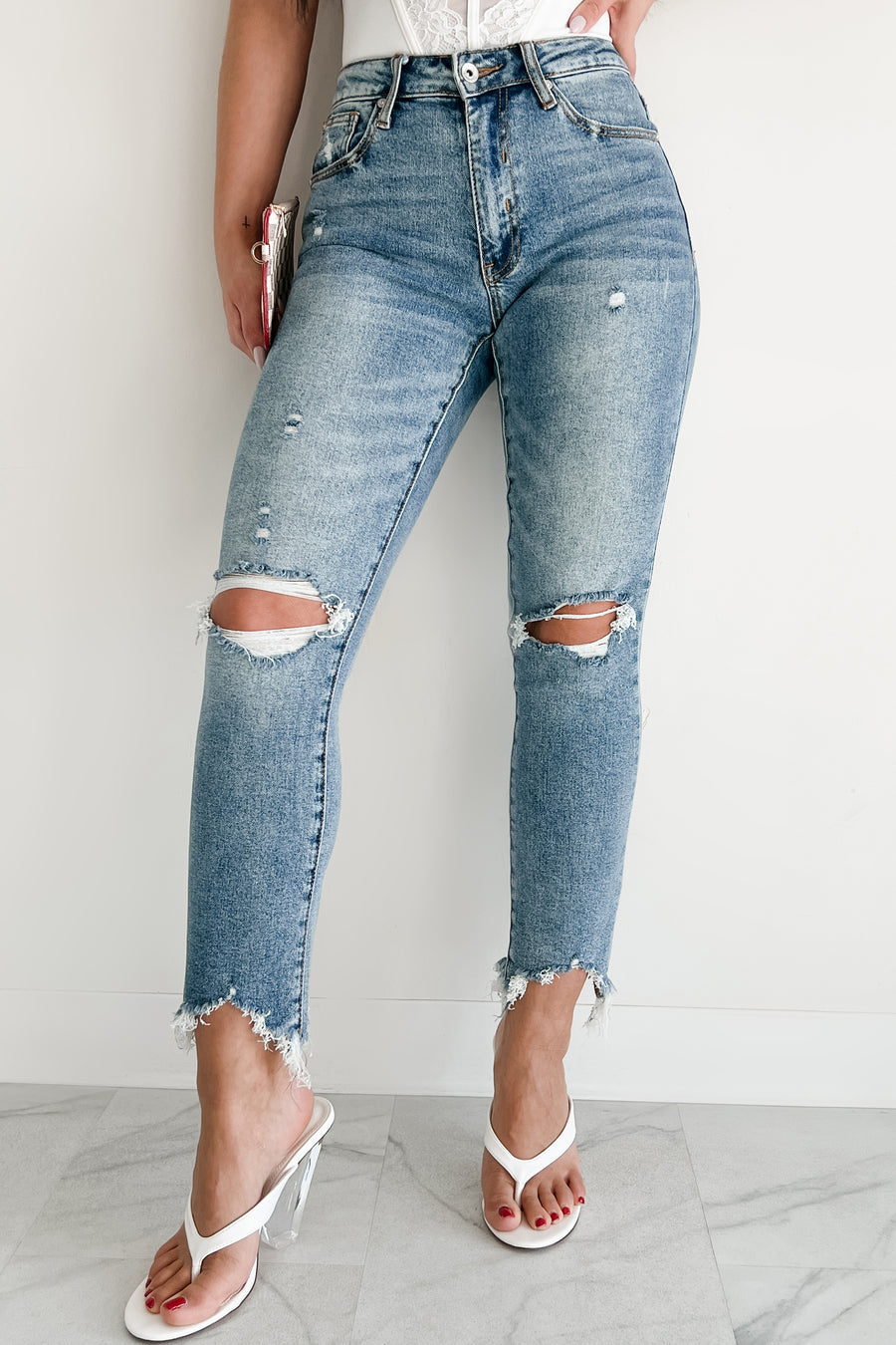 Tallie Mid Rise Distressed Slim Straight Special A Jeans (Medium Light) - NanaMacs