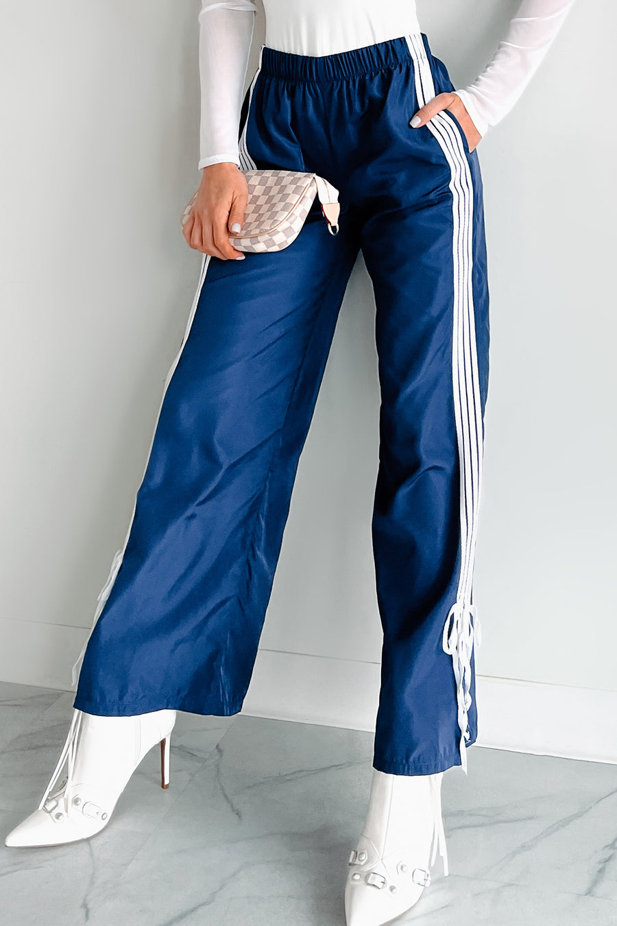 Colby Side Stripe Ribbon Tie Track Pants (Vintage Navy) - NanaMacs