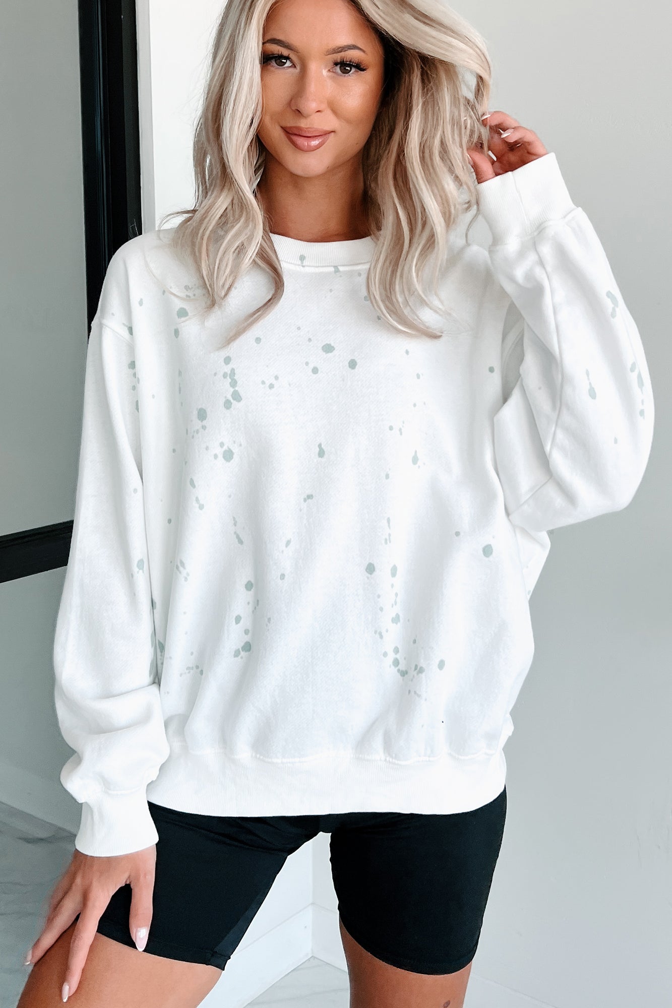 Lightweight Paint Splattered Crewneck Sweatshirt (White/Sage Paint) - NanaMacs