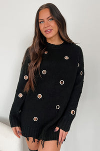 Causing Chaos Metal Eyelet Distressed Tunic Sweater (Black) - NanaMacs