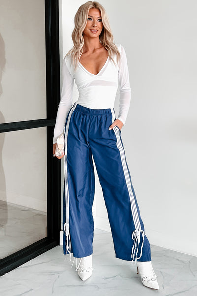 Colby Side Stripe Ribbon Tie Track Pants (Vintage Navy) - NanaMacs