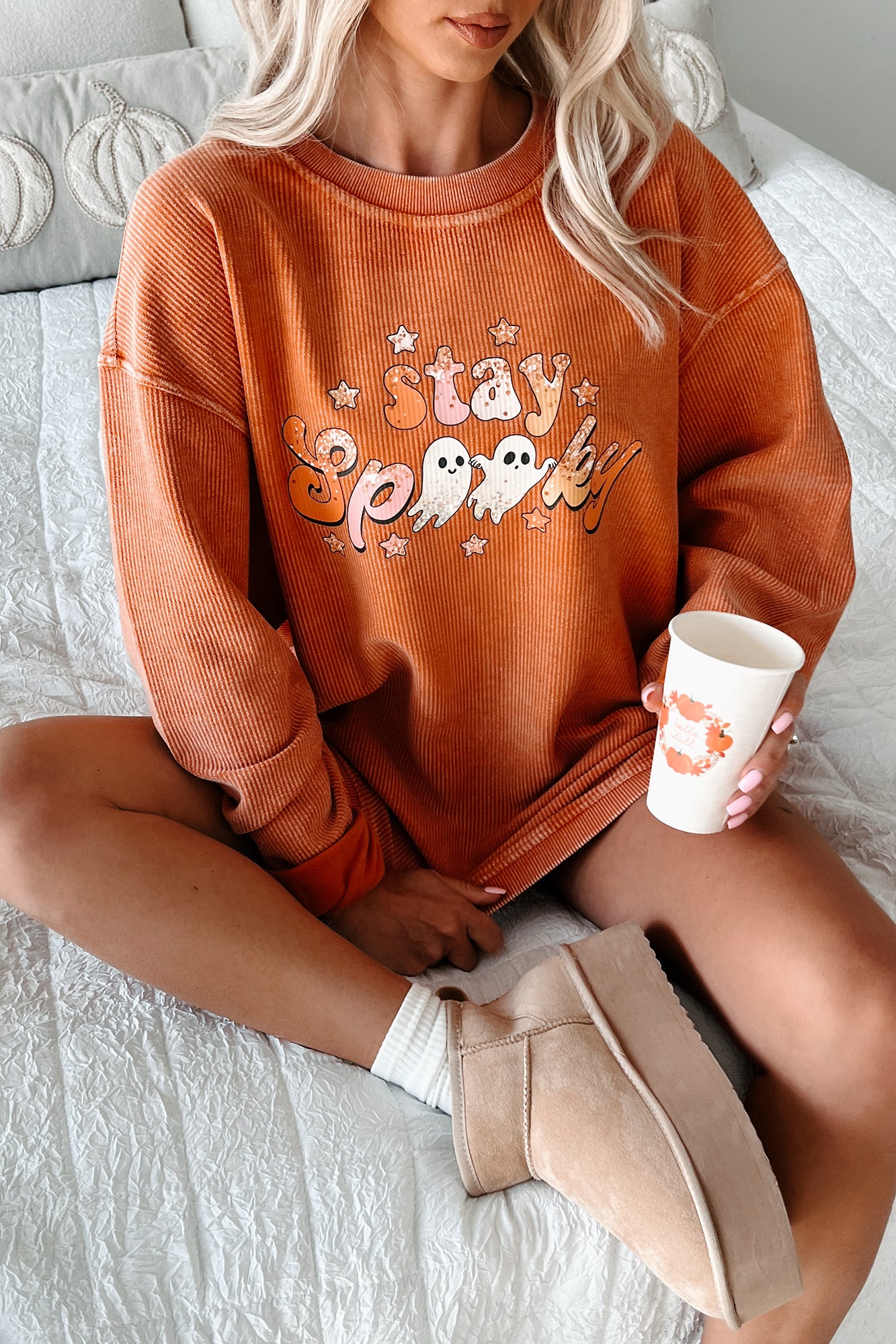 Stay Spooky Friends Corded Graphic Crewneck (Burnout Orange) - Print On Demand - NanaMacs