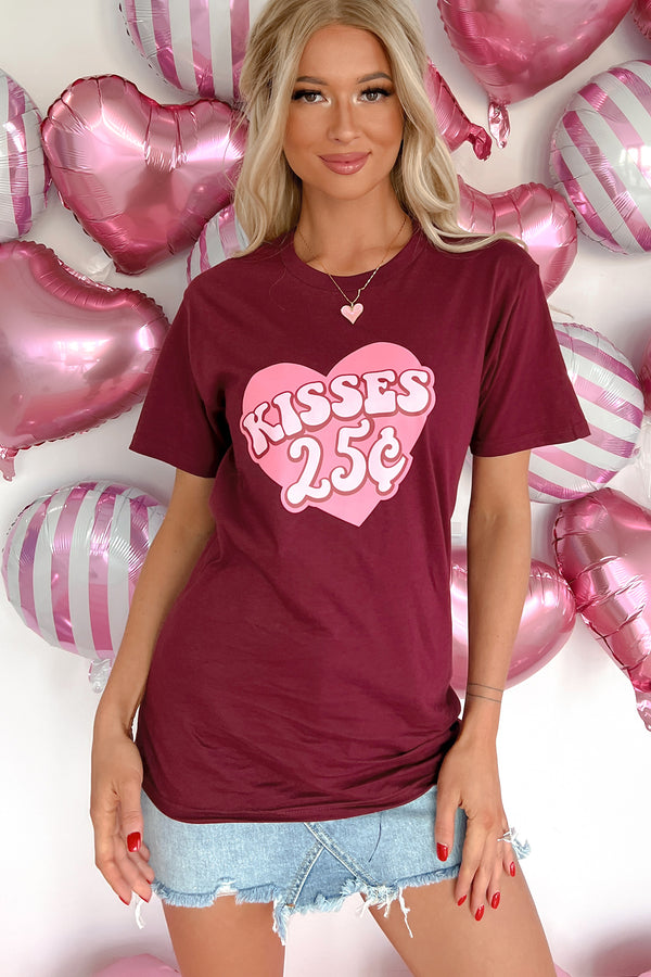 "Kisses 25¢" Graphic T-Shirt (Maroon) - Print On Demand - NanaMacs