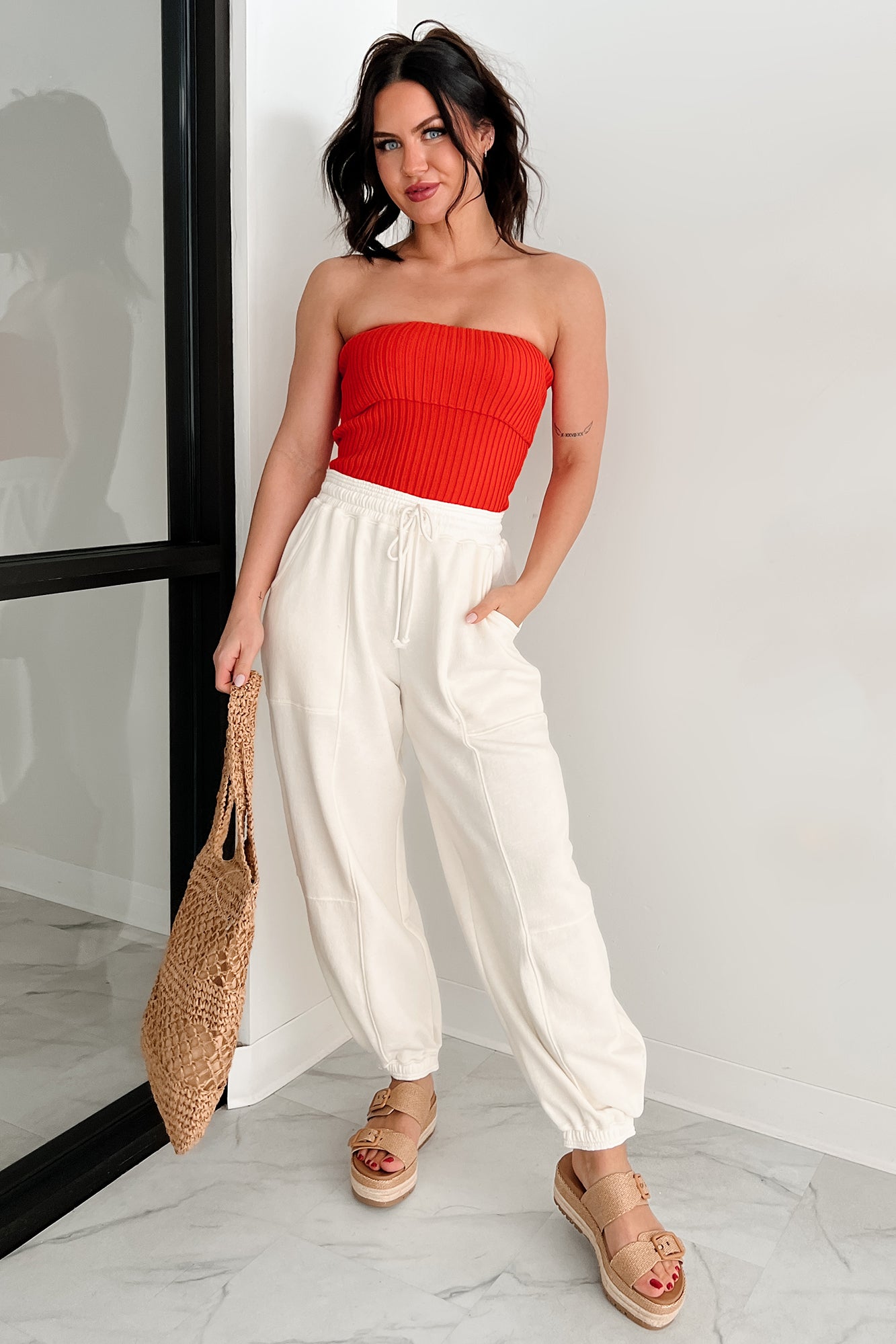 Cozy Corner Ribbed Strapless Fold Over Top (Tomato)