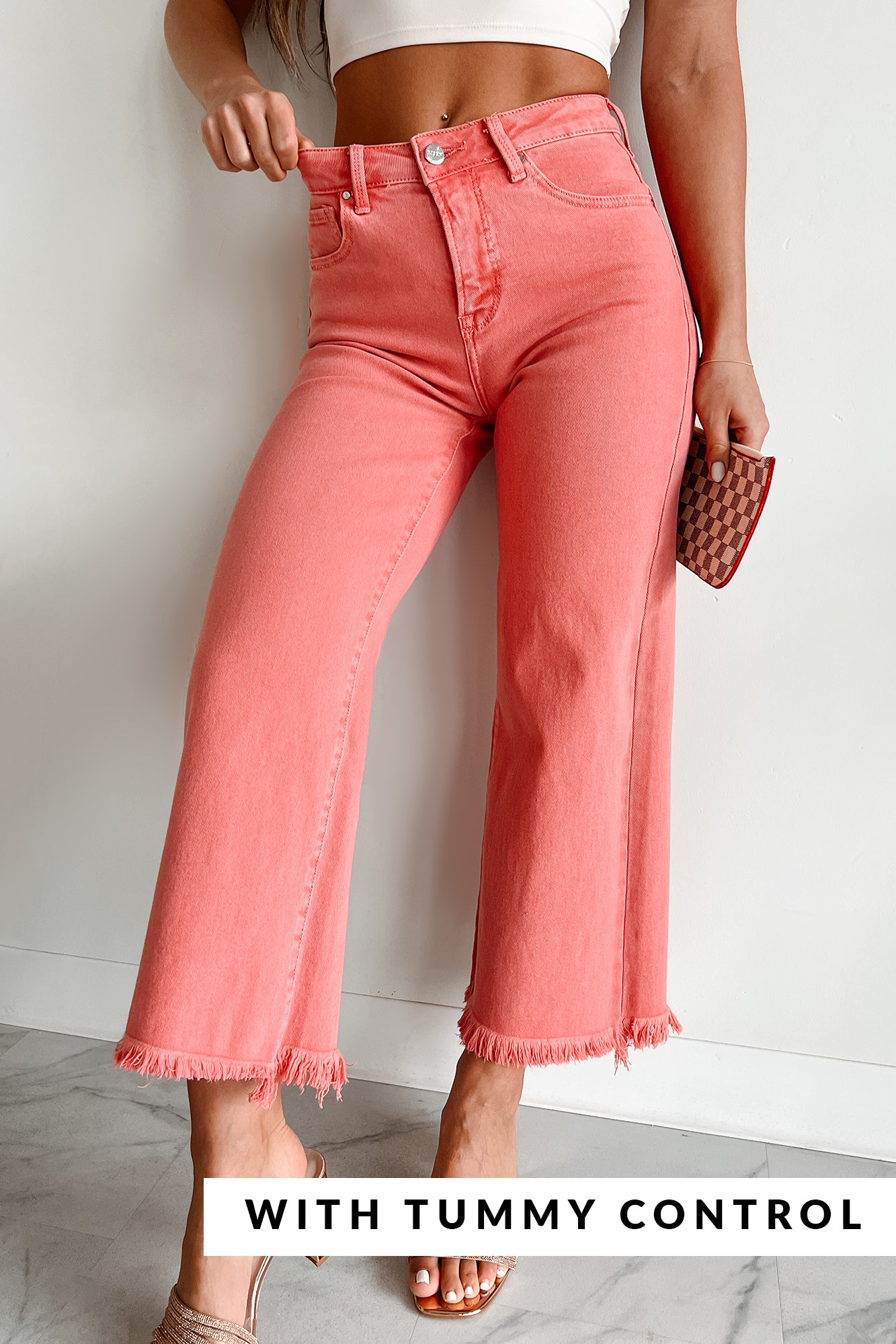 Lacie Tummy Control High Rise Crop Wide Leg Risen Jeans (Peach Blossom) - NanaMacs