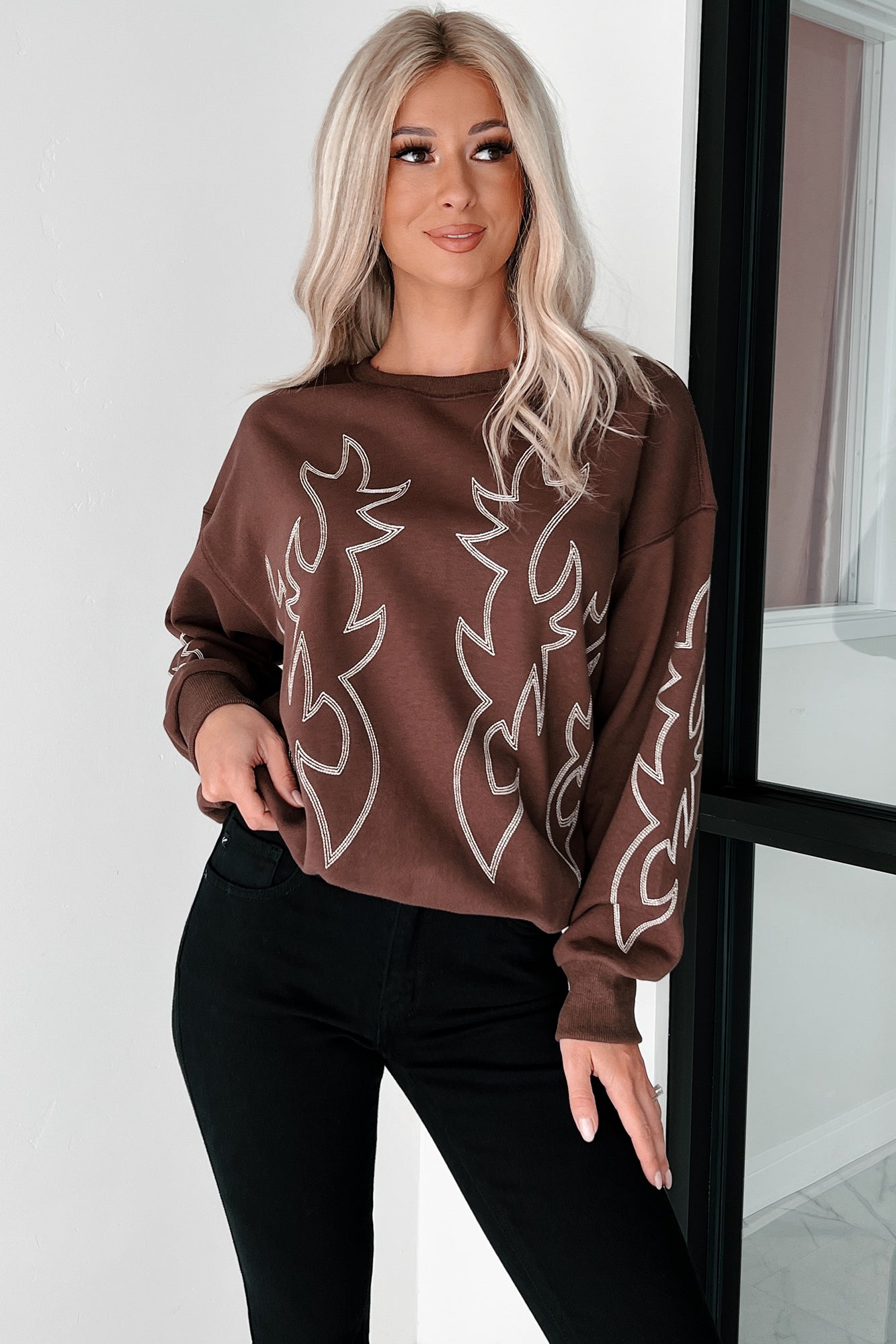 Rodeo Bandit Western Stitch Sweatshirt (Brown) - NanaMacs