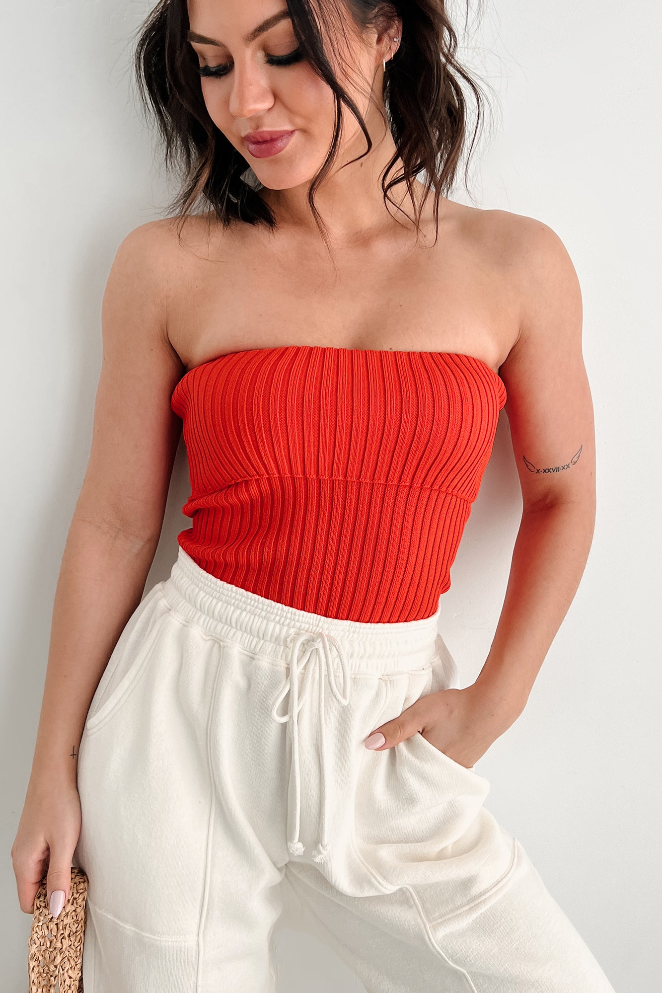 Cozy Corner Ribbed Strapless Fold Over Top (Tomato)