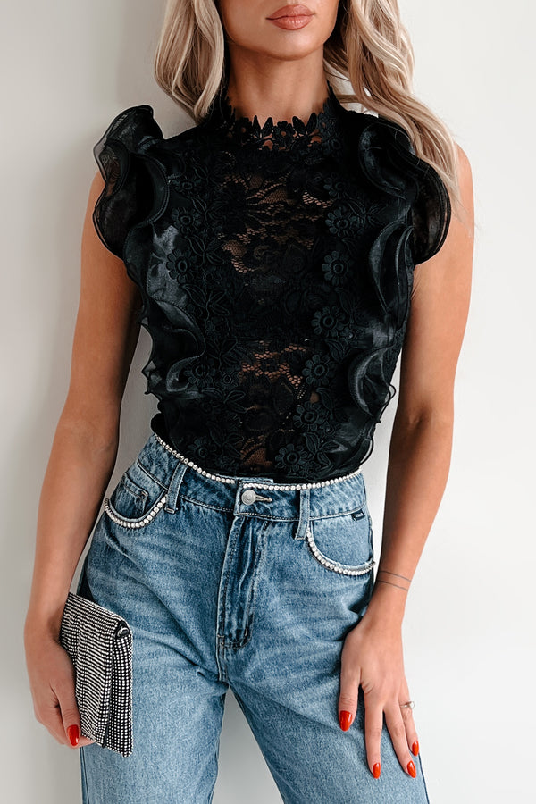 Whimsical Woman Floral Lace Ruffle Bodysuit (Black) - NanaMacs