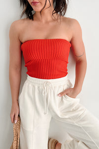 Cozy Corner Ribbed Strapless Fold Over Top (Tomato)