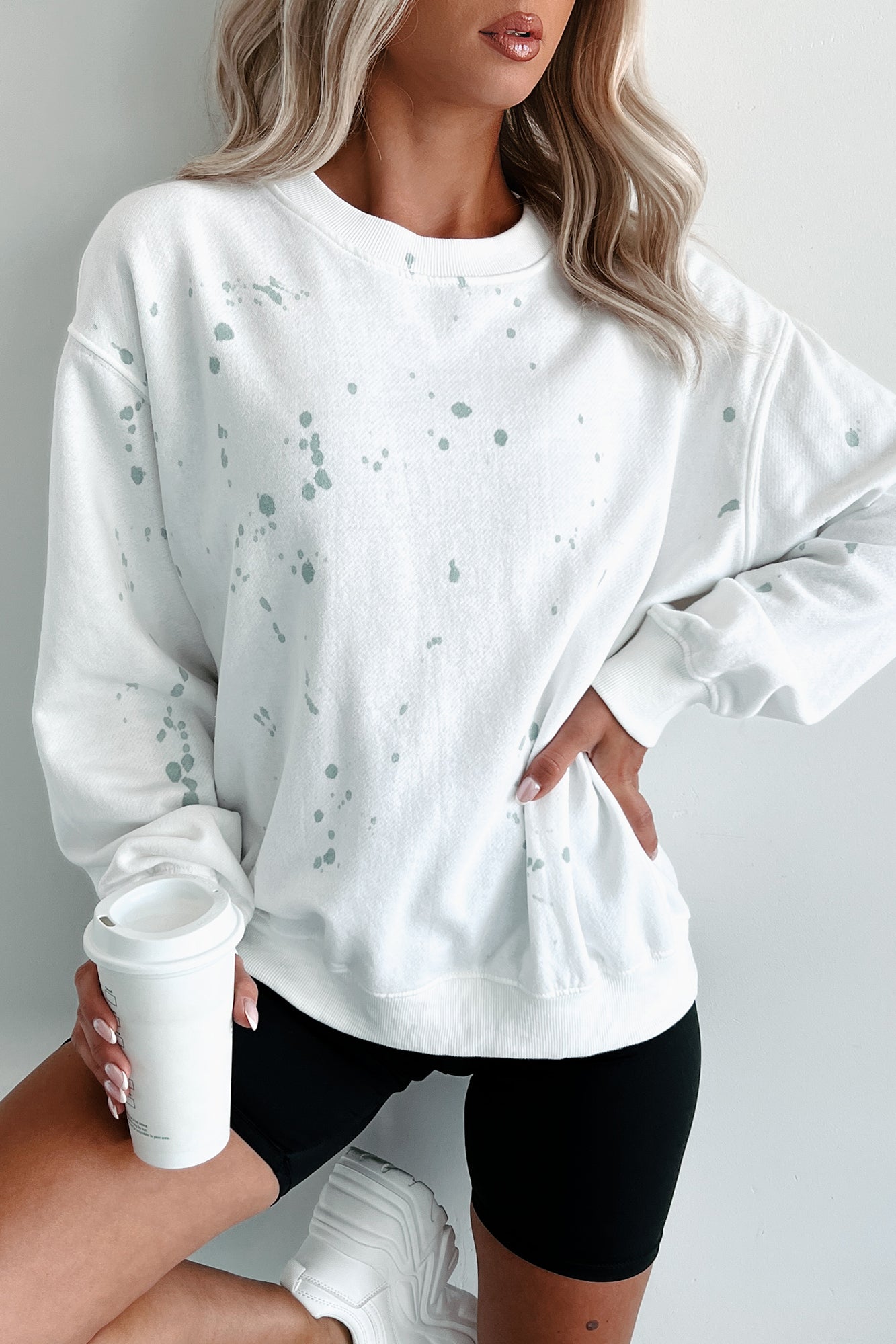 Lightweight Paint Splattered Crewneck Sweatshirt (White/Sage Paint) - NanaMacs