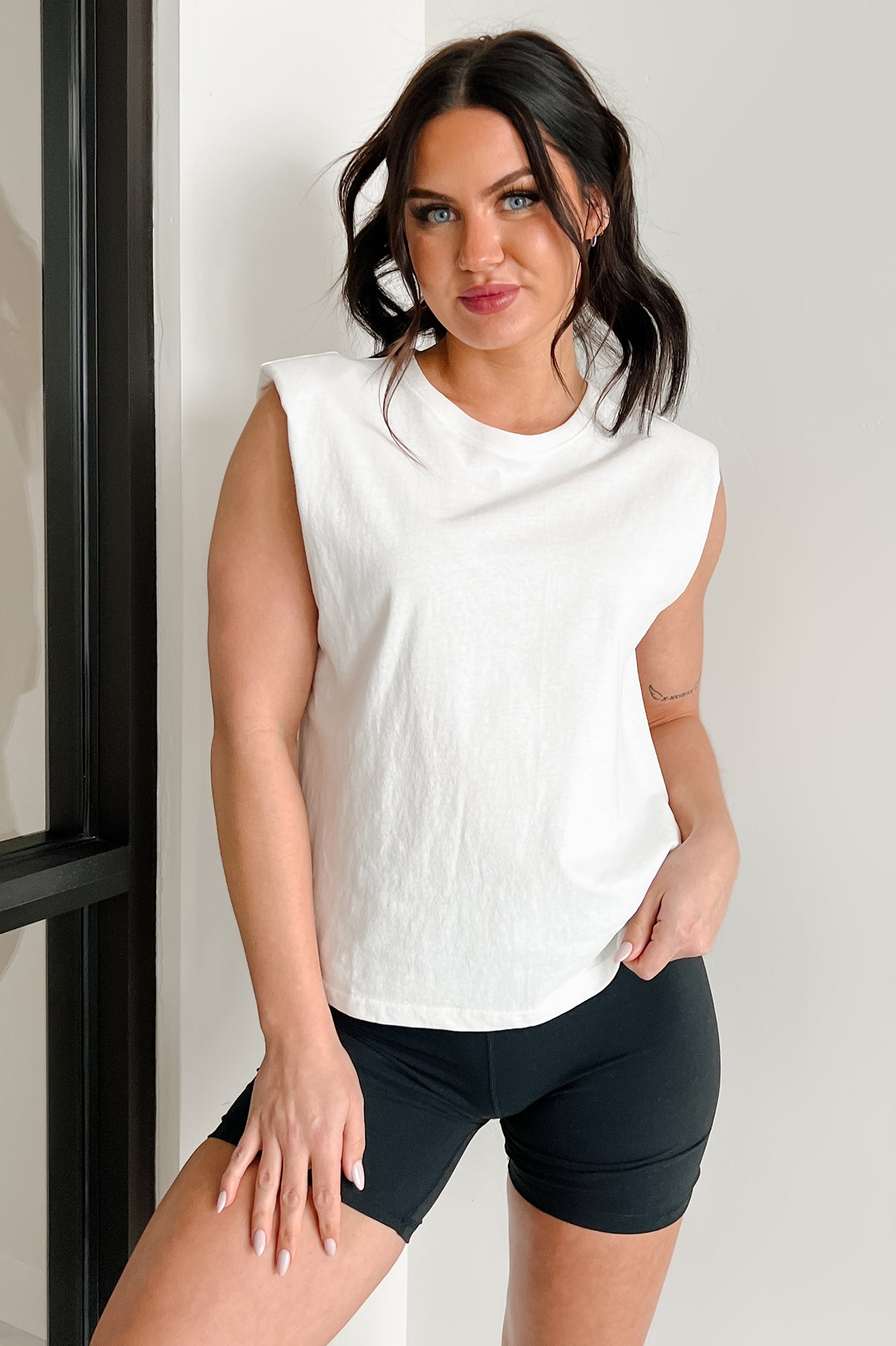 Leading The Way Shoulder Pad Sleeveless Top (Off White)