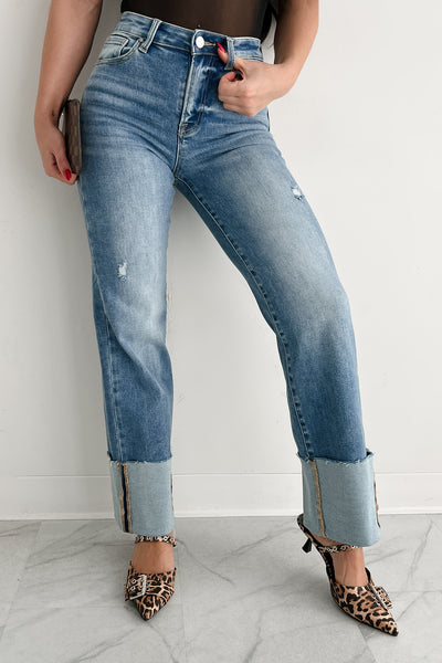 Myla Wide Leg Cuffed Distressed Risen Jeans (Medium)