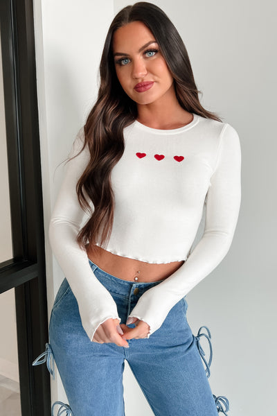 Too Cutesy Embroidered Hearts Long Sleeve Top (White) - NanaMacs