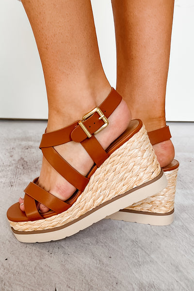 Gone On A Retreat Raffia Platform Wedges (Tan)