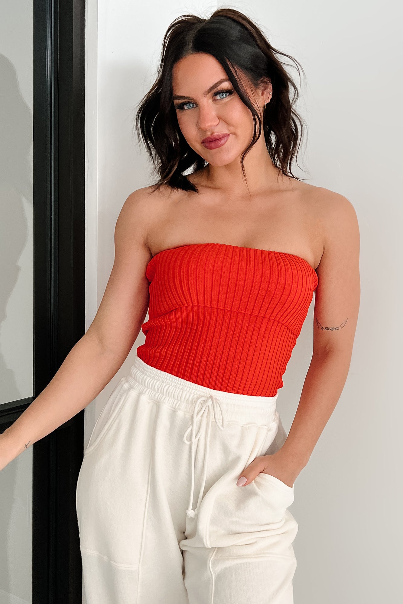 Cozy Corner Ribbed Strapless Fold Over Top (Tomato)