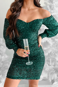 Sparkly Yet Classy Off The Shoulder Sequin Dress (Hunter) - NanaMacs