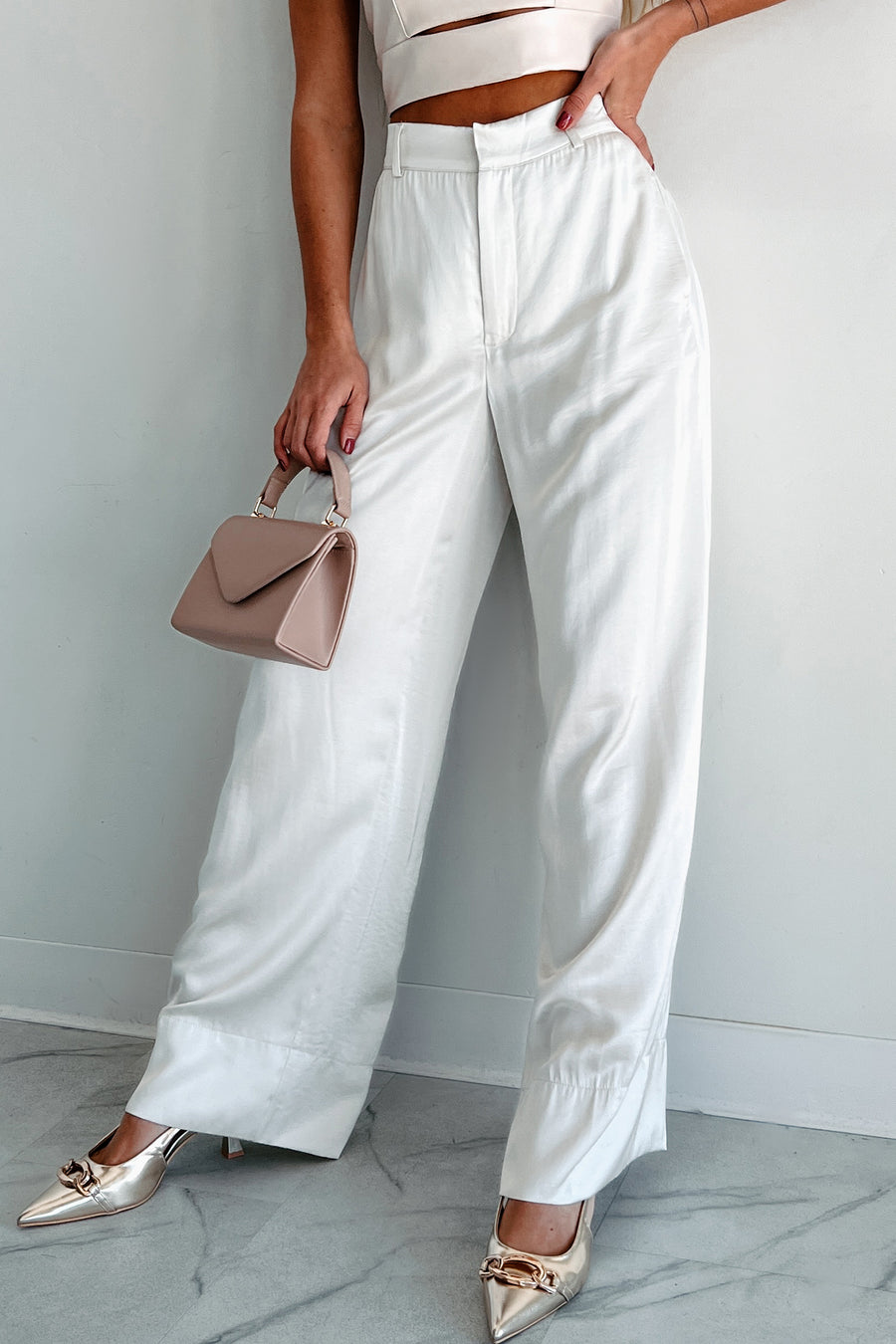 Focus Meetings High Waist Satin Pants (Pearl)