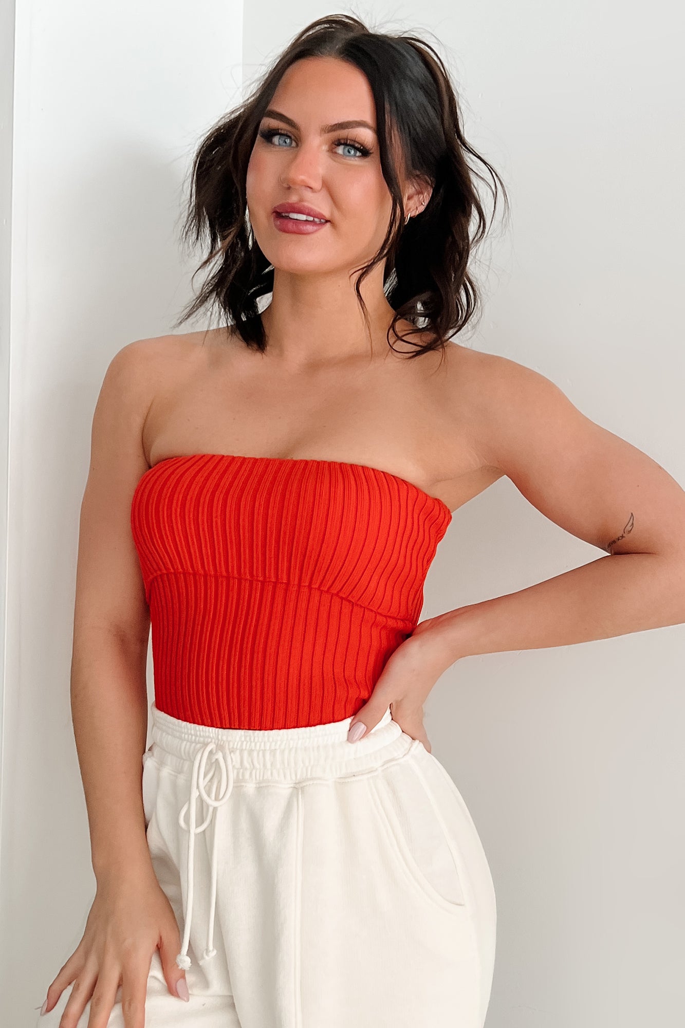 Cozy Corner Ribbed Strapless Fold Over Top (Tomato)