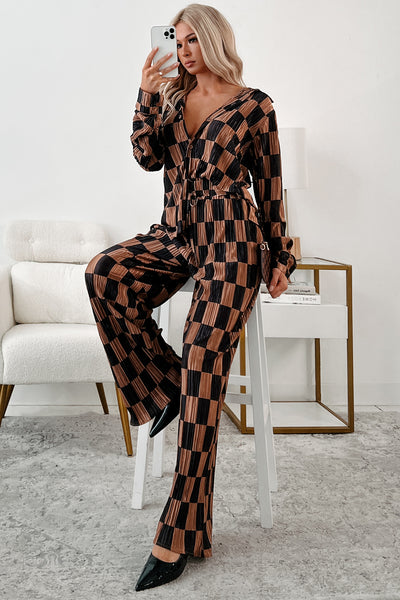 Personality On Point Checker Plisse Two-Piece Set (Taupe/Black) - NanaMacs