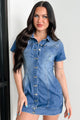 Old School Cool Button Up Denim Mini Dress (Blue) - NanaMacs