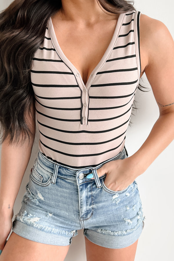 Living For The Weekend Sleeveless Striped Bodysuit (Taupe) - NanaMacs