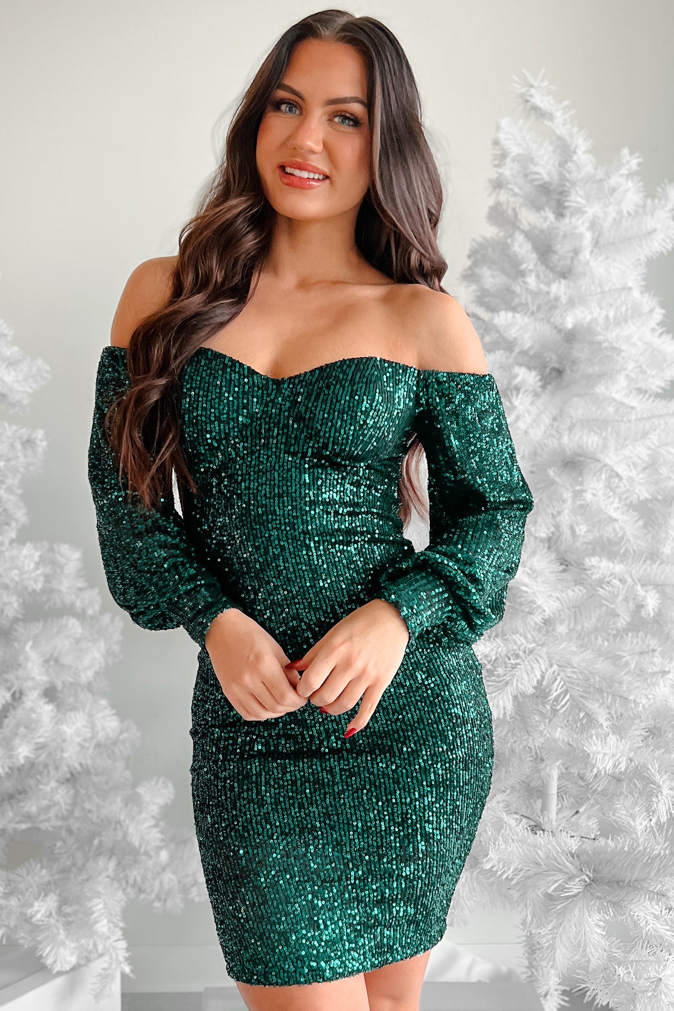 Sparkly Yet Classy Off The Shoulder Sequin Dress (Hunter) - NanaMacs