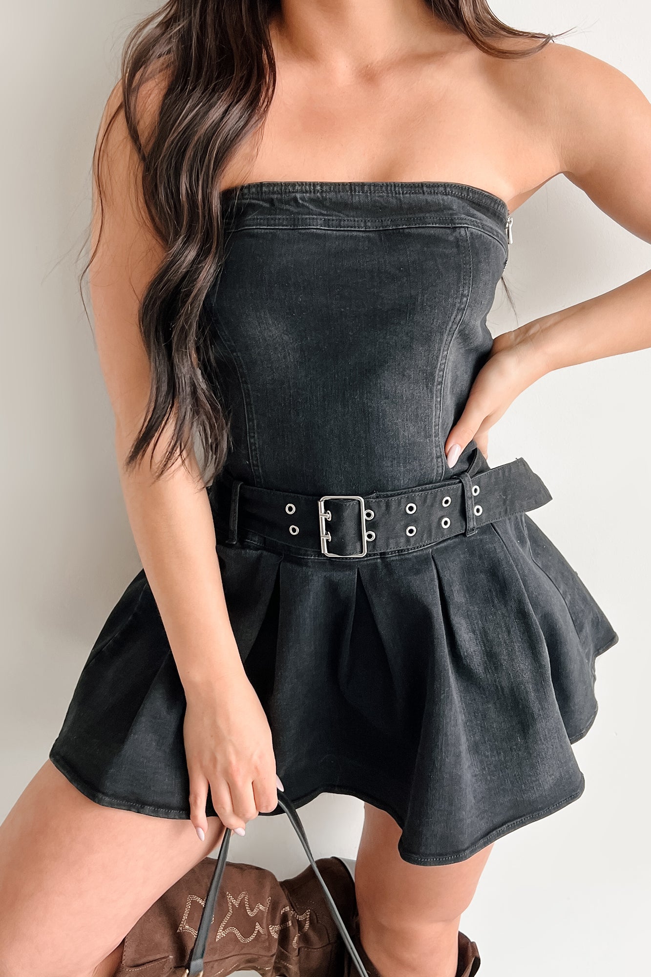 Leading By Example Strapless Denim Mini Dress (Black) - NanaMacs