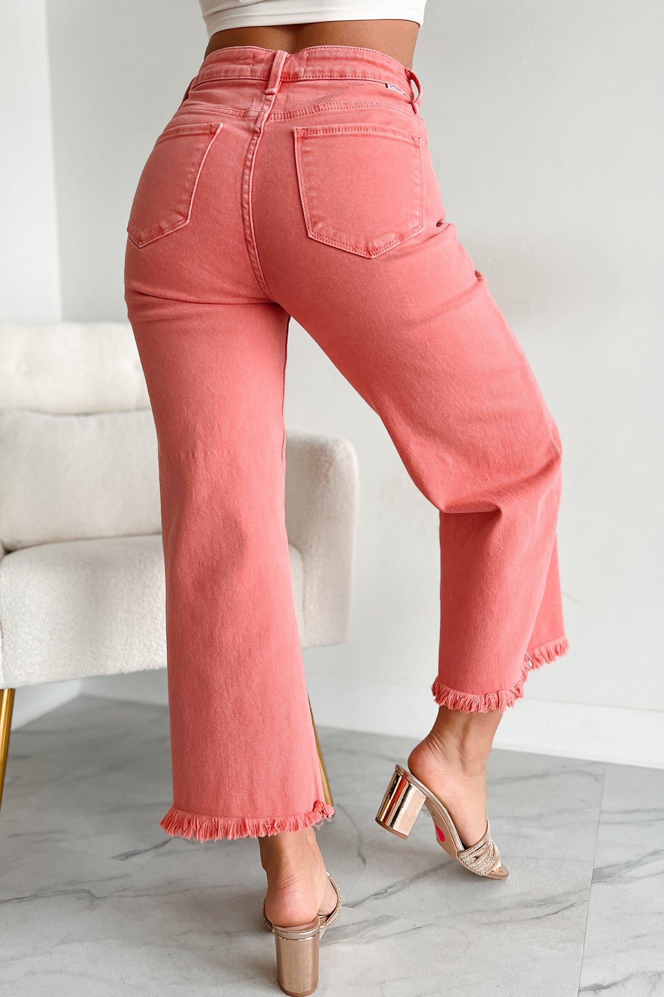 Victoria High Rise Side Slit Flare Leg Jeans - Peach Blossom