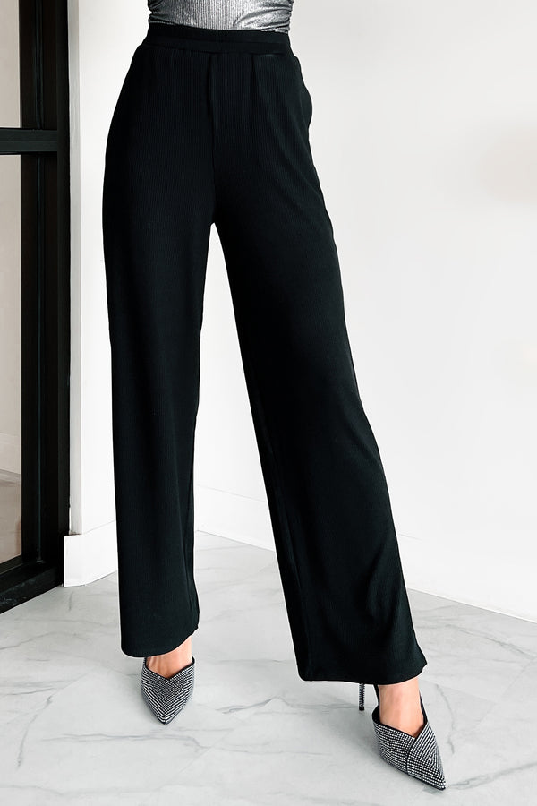 Can't Be Bothered Ribbed Knit Wide Leg Pants (Black) - NanaMacs