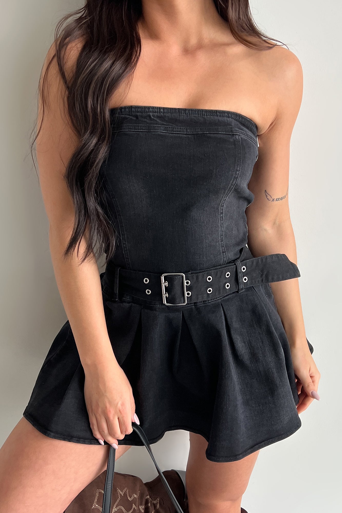 Leading By Example Strapless Denim Mini Dress (Black) - NanaMacs