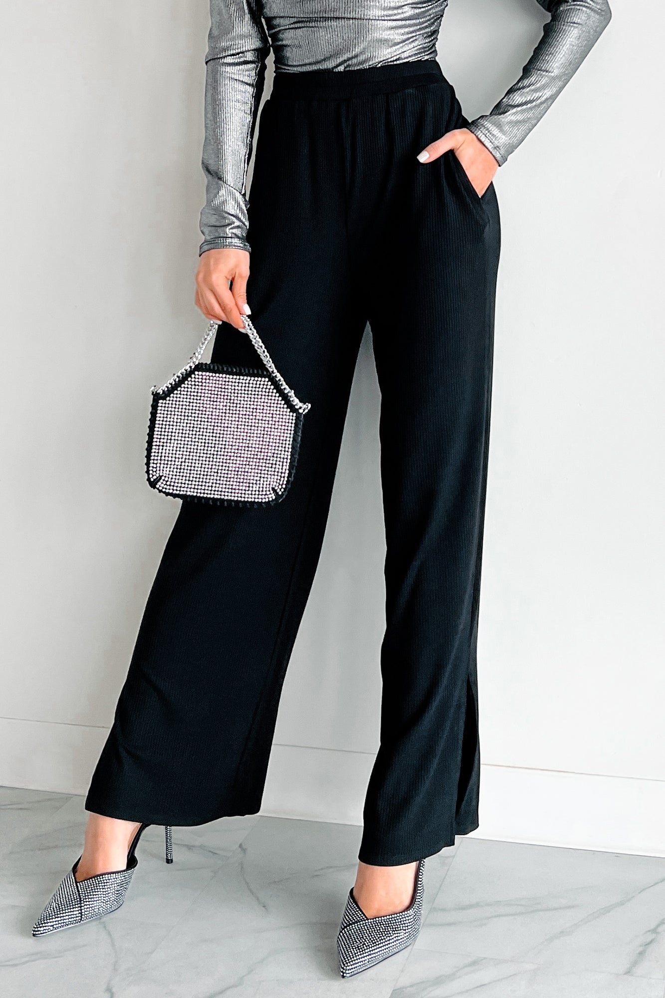 Can't Be Bothered Ribbed Knit Wide Leg Pants (Black) · NanaMacs