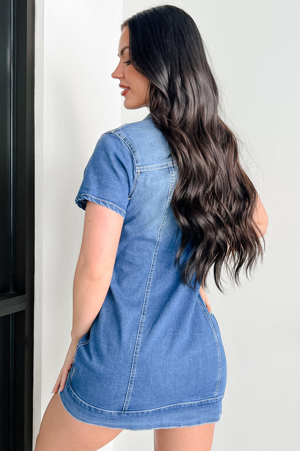 Old School Cool Button Up Denim Mini Dress (Blue) - NanaMacs