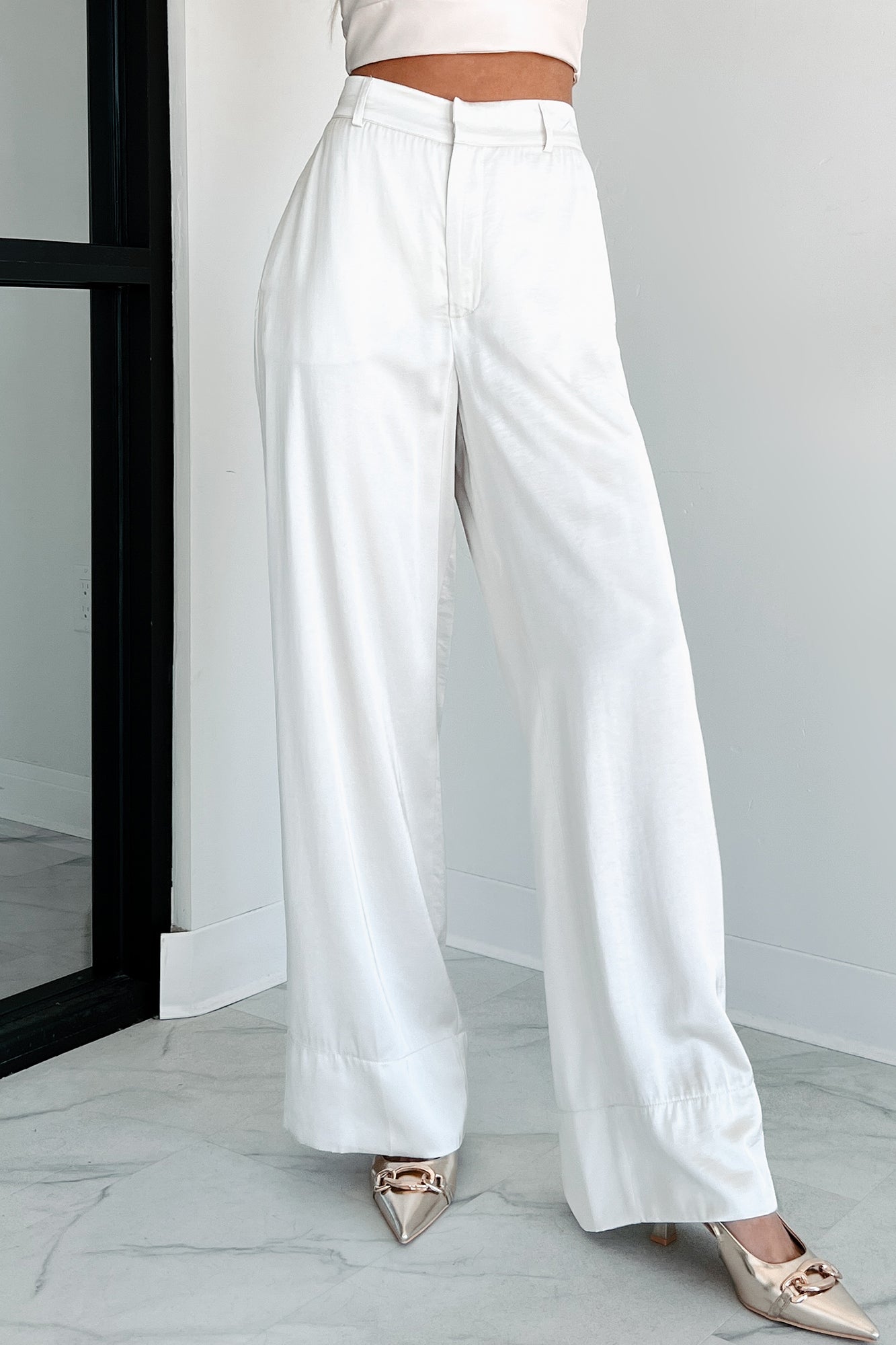 Focus Meetings High Waist Satin Pants (Pearl)