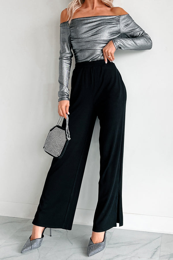 Can't Be Bothered Ribbed Knit Wide Leg Pants (Black) - NanaMacs