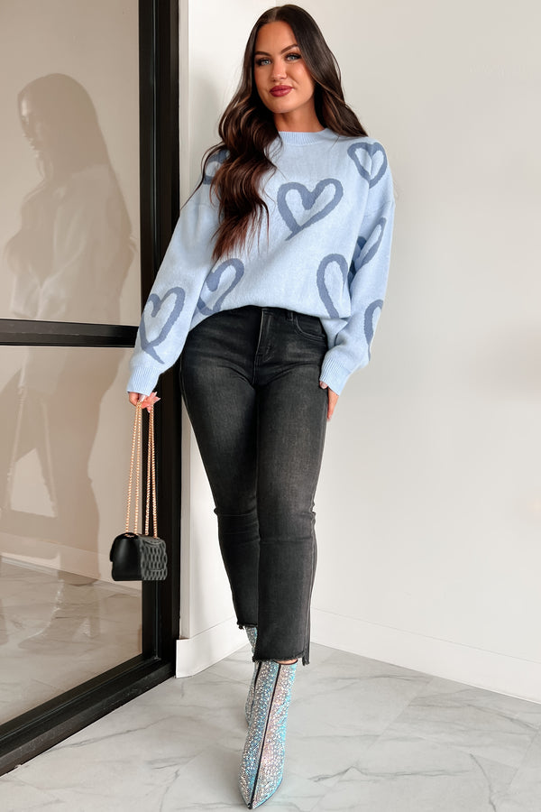 My New Crush Heart Printed Knit Sweater (Blue) - NanaMacs