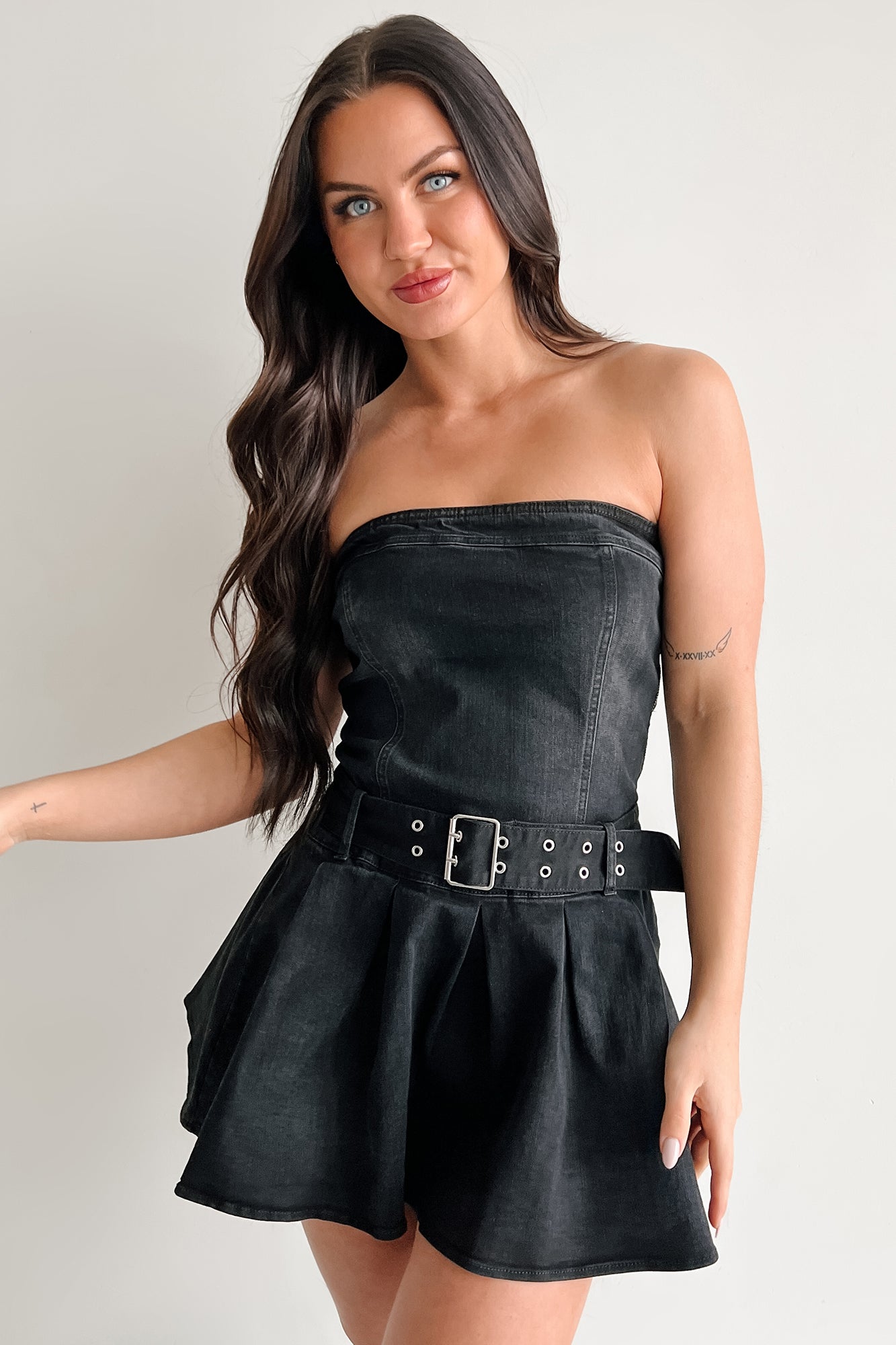 Leading By Example Strapless Denim Mini Dress (Black) - NanaMacs